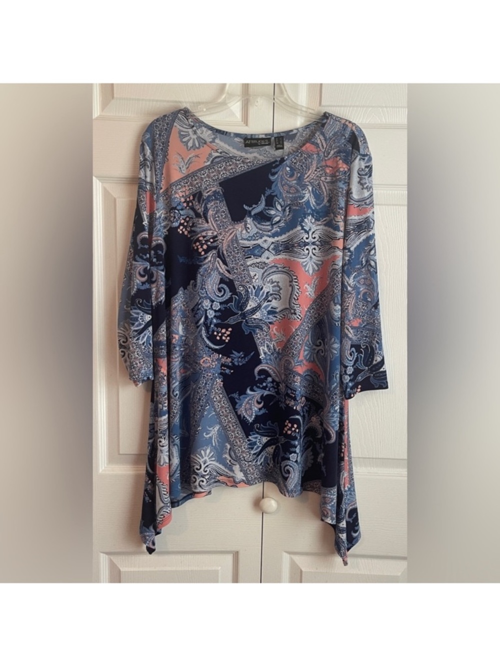Attitudes By Renee Blue Paisley Print Bateau Neck Tunic Top Size Large